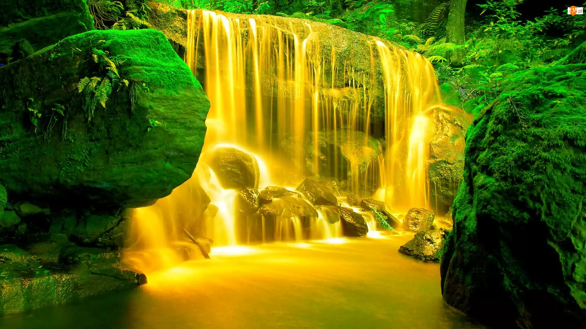 Złoty, Skały, Wodospad, Zielone