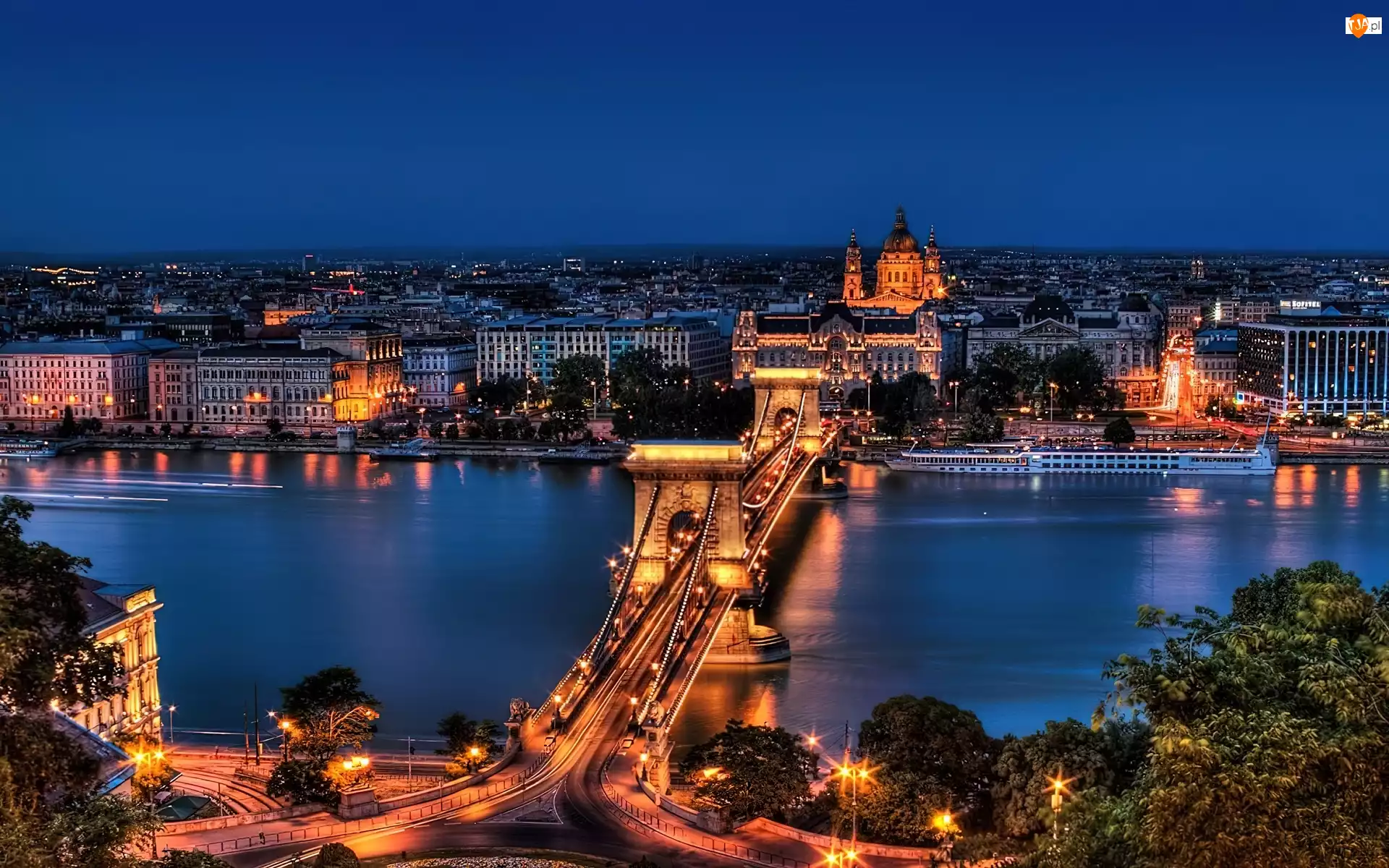 Budapeszt, Dunaj, Nocą, Most