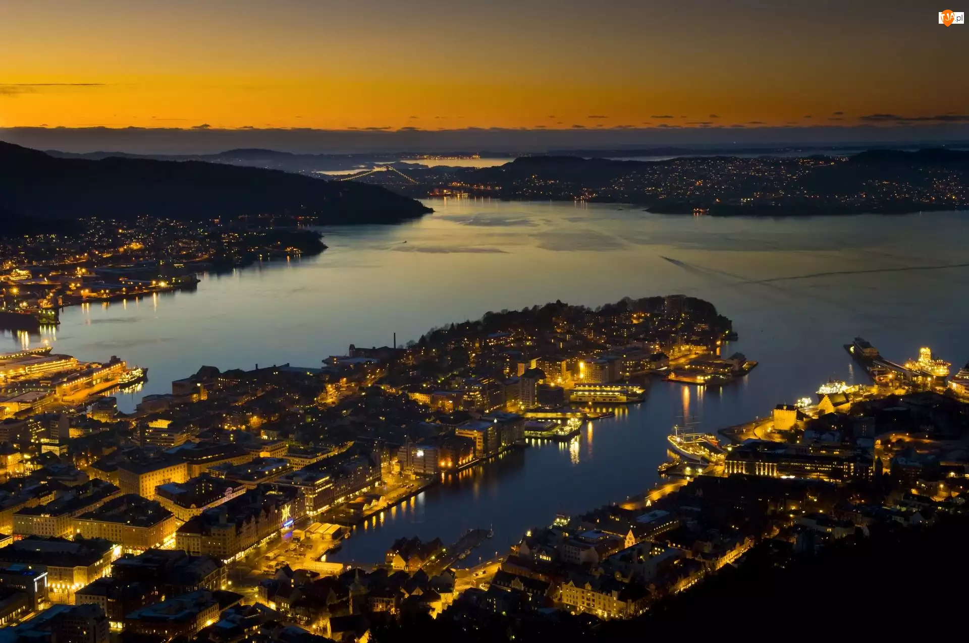 Zatoka, Bergen, Panorama, Noc, Miasto