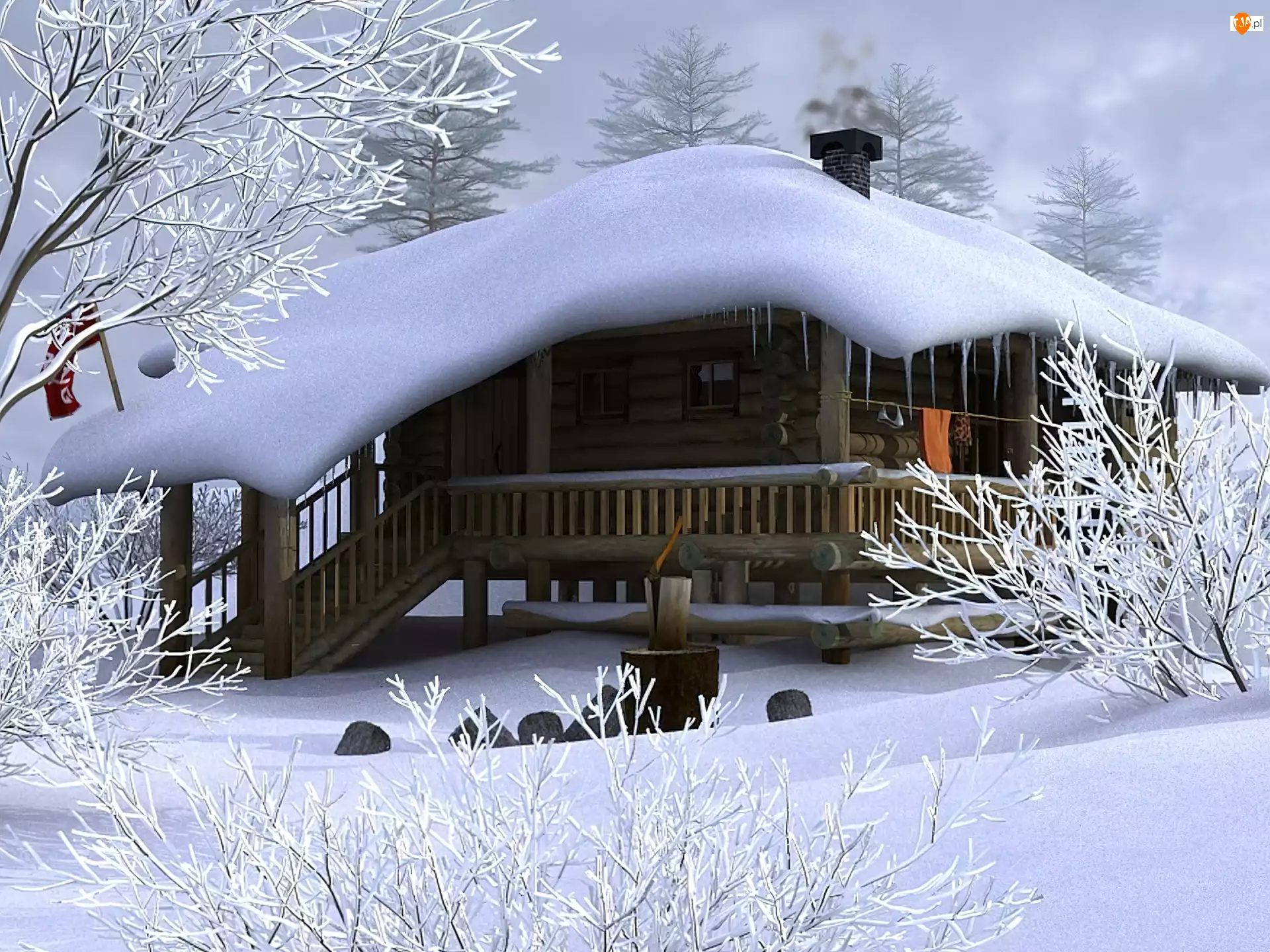 Domek, Drzewka, Zima, Śnieg
