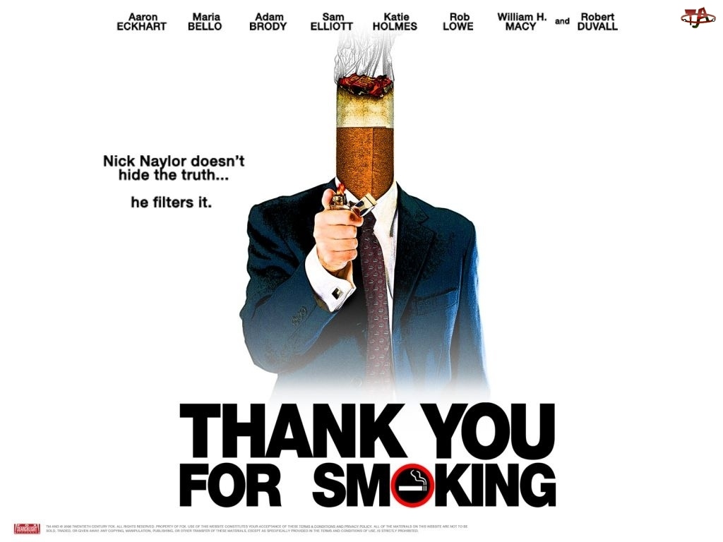 plakat, Thank You For Smoking, garnitur, Aaron Eckhart, papieros, zapalniczka
