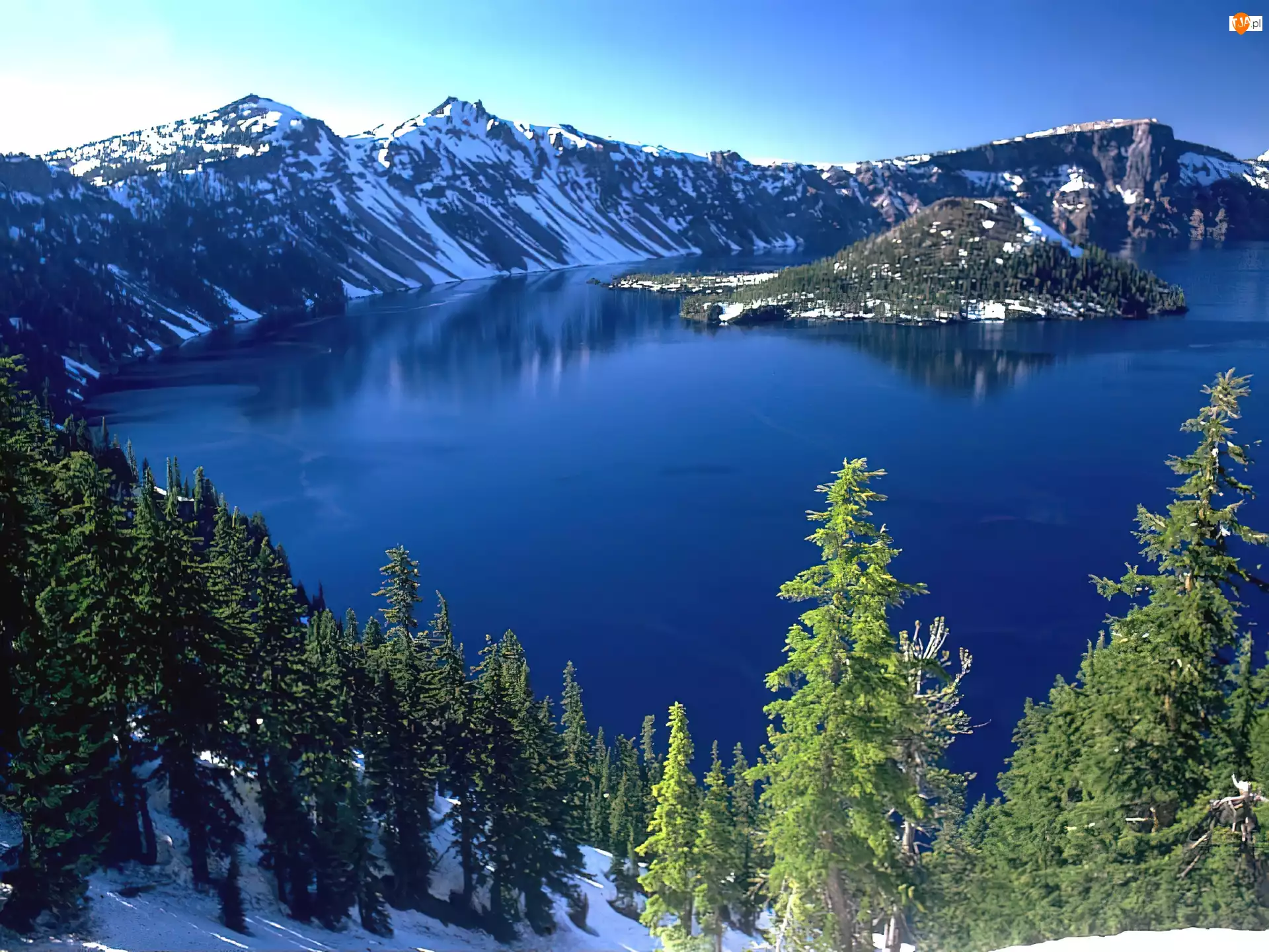 Drzewa, Śnieg, Jezioro, Oregon, Góry