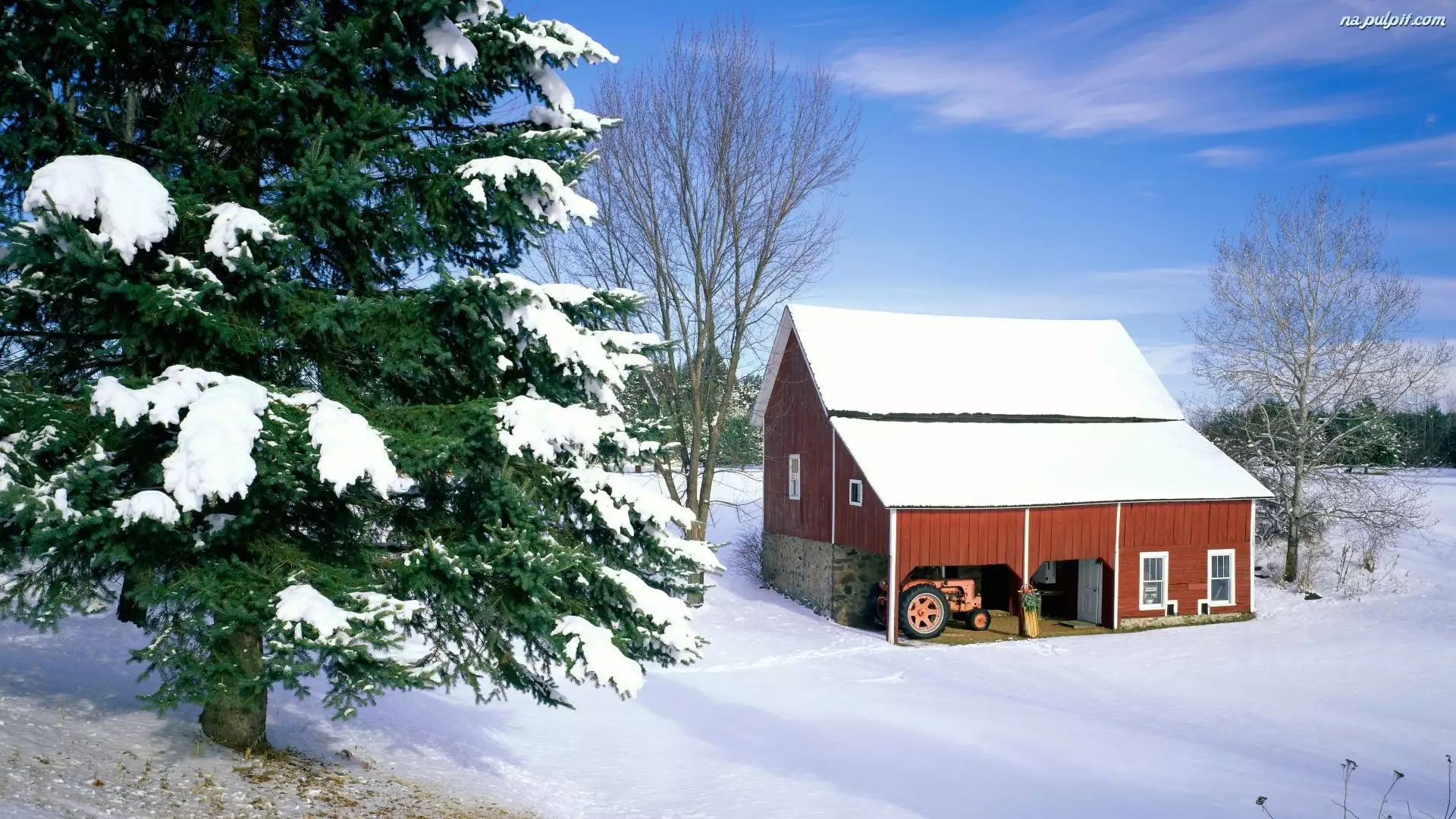 Zima, Traktor, Śnieg, Domek