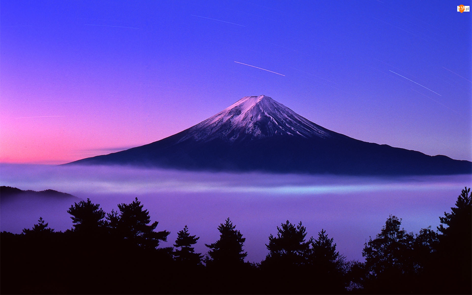 Wulkan, Drzewa, Fudżi, Chmury