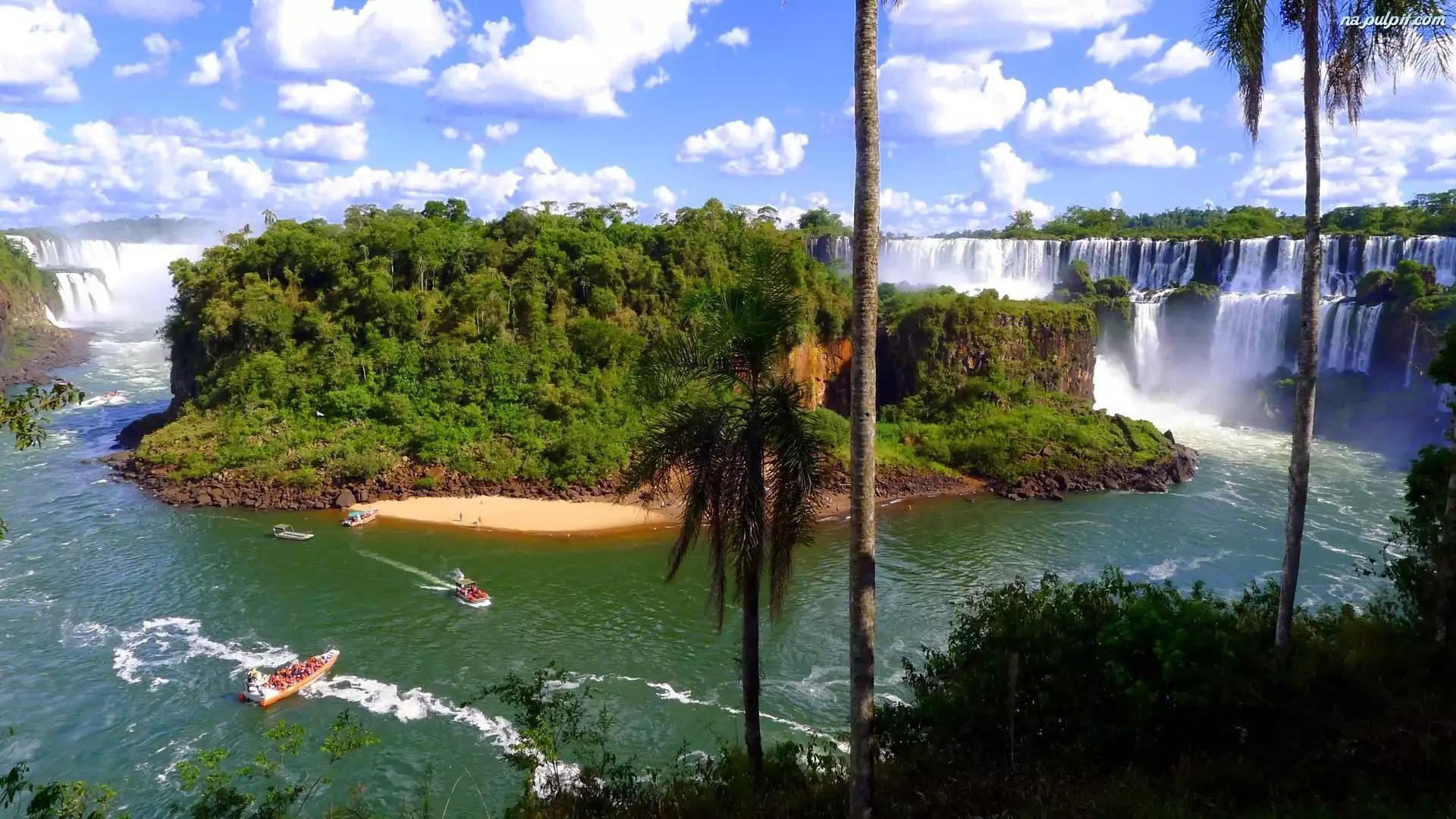 Łódki, Chmury, Iguazu, Wodospady, Drzewa