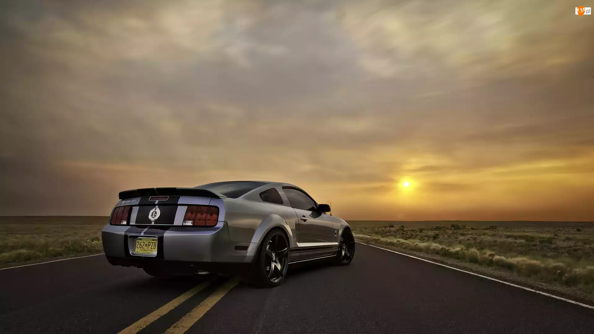 Słońca, Ford Mustang, Droga, Zachód