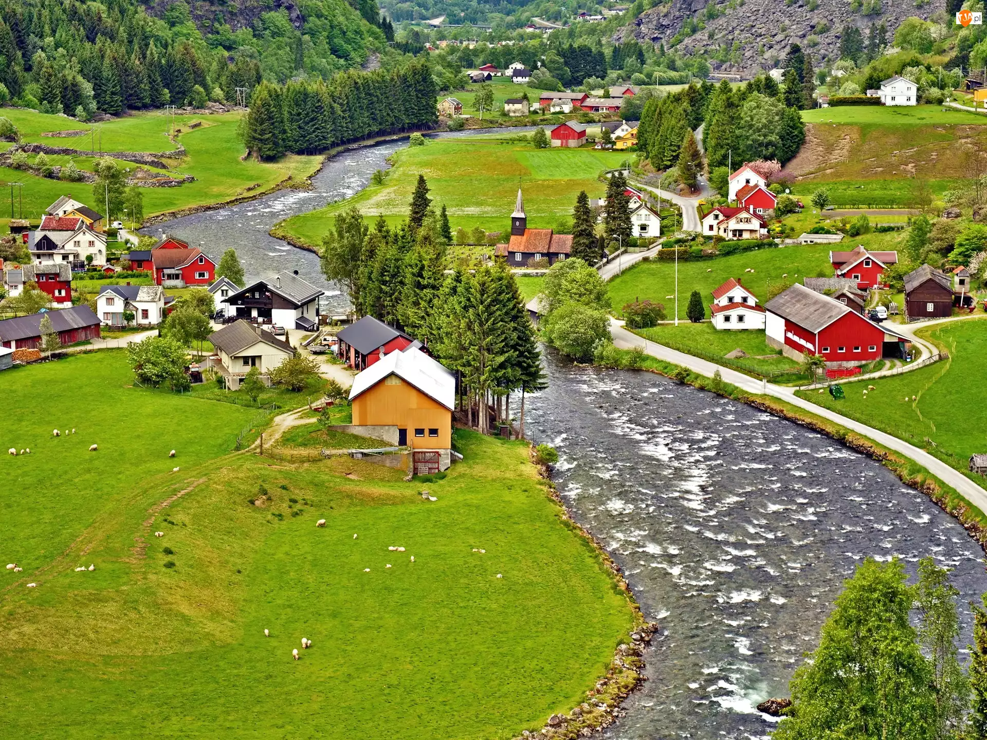Rzeka, Norwegia, Łąki, Domy