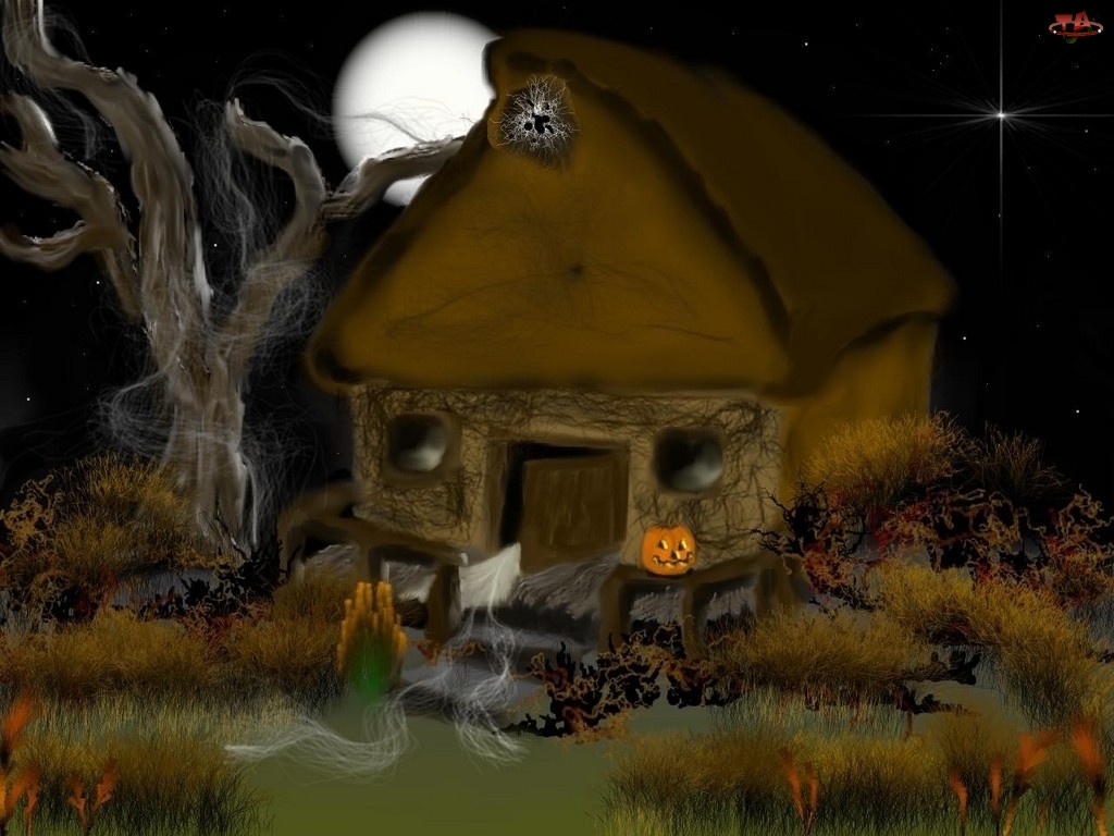 drzewo, Halloween, straszny dom