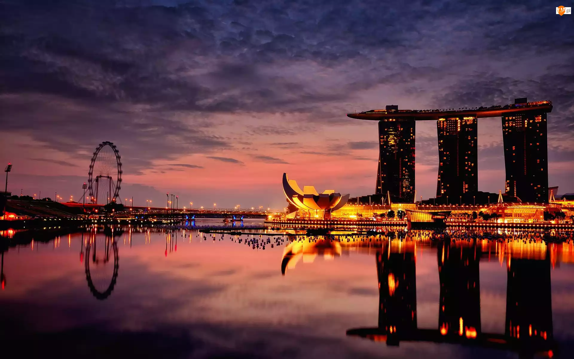 Singapur, Hotel, Morze, Noc, Światła