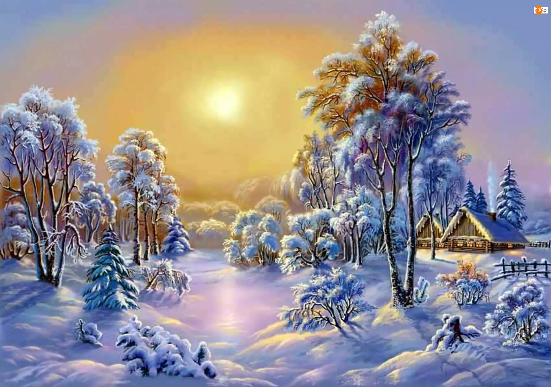 Zima, Drzewa, Domki, Śnieg