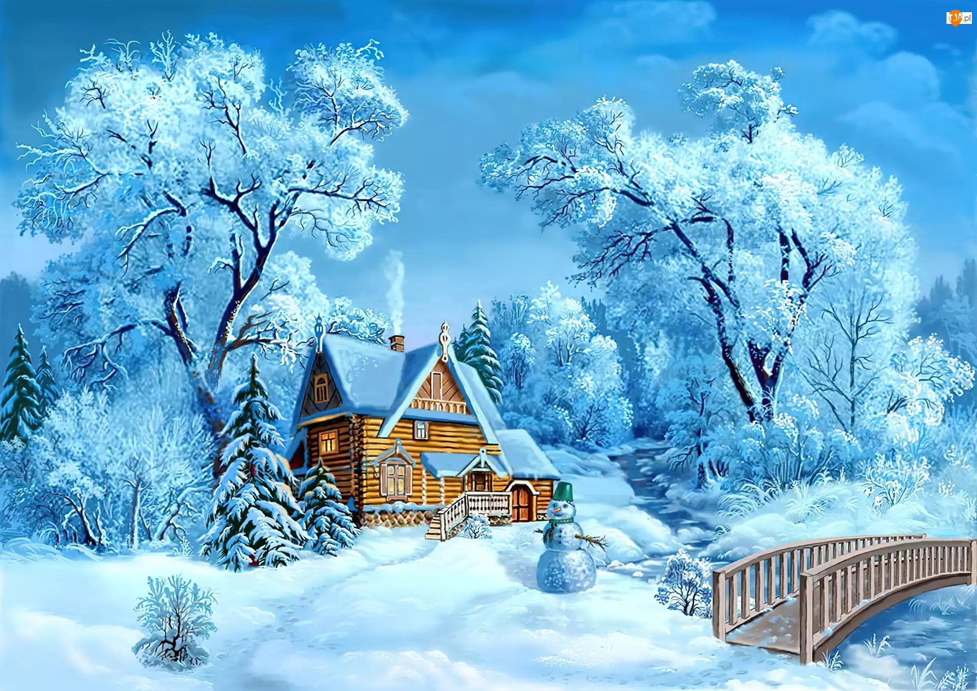 Zima, Drzewa, Śnieg, Domek