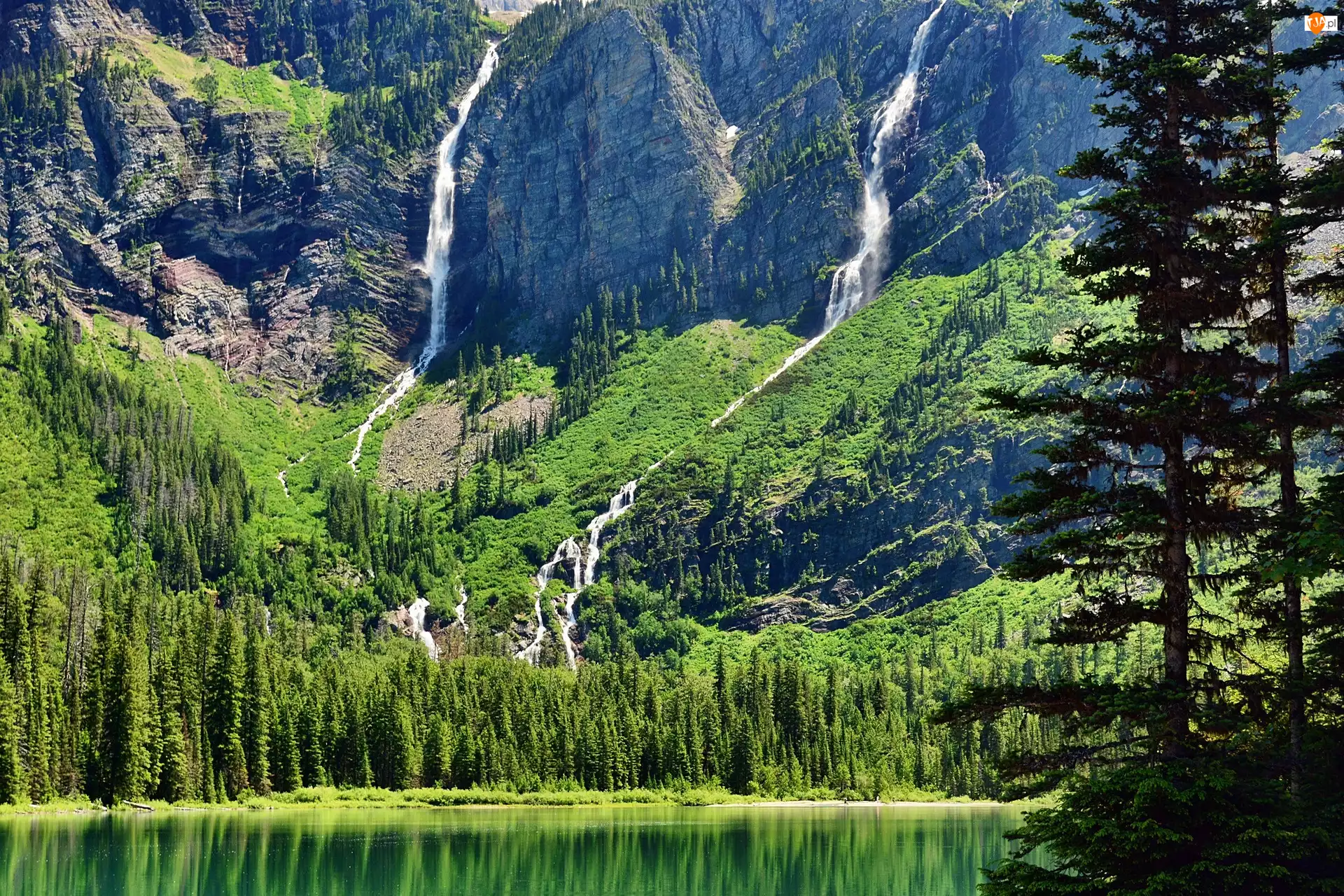 Stan Montana, Park Narodowy Glacier, Wodospady, Stany Zjednoczone, Drzewa, Góry, Jezioro Hidden Lake