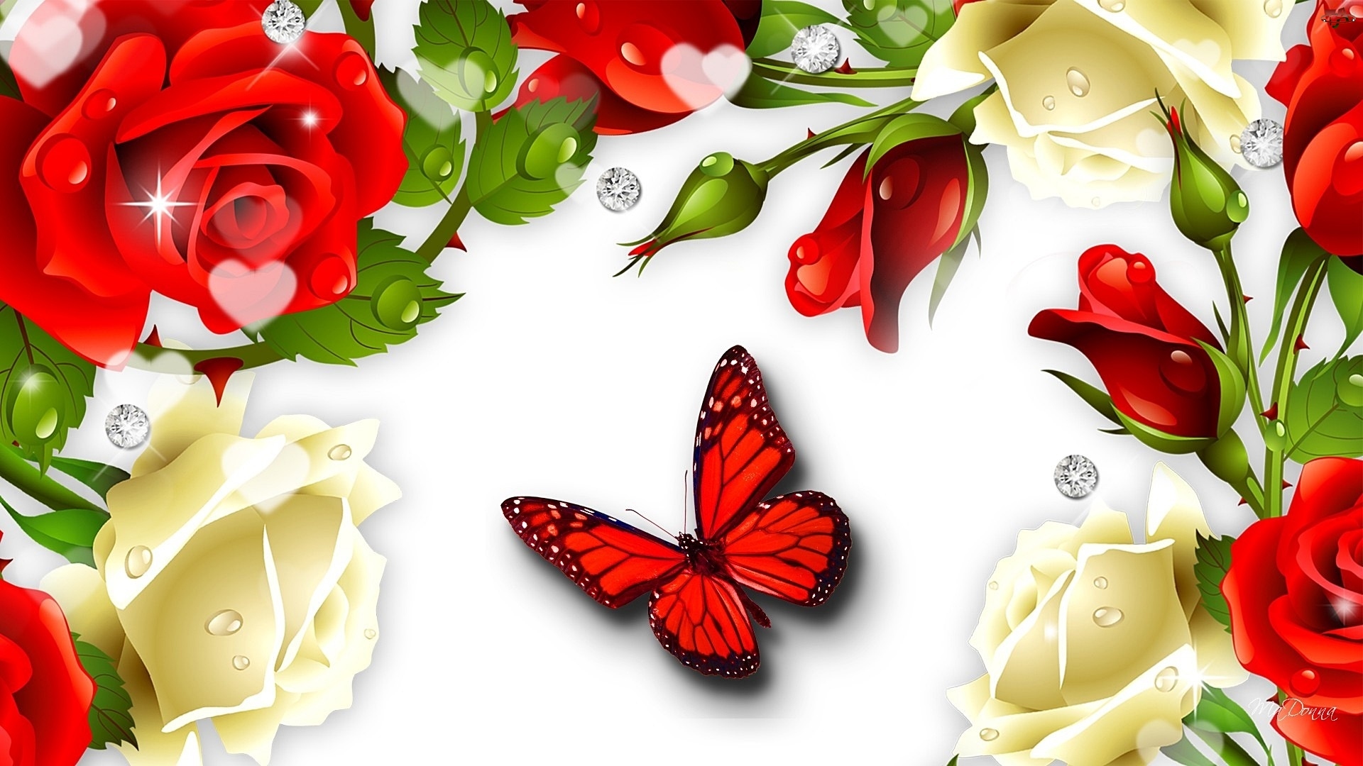 Kwiaty, Art, Róże, Motyl