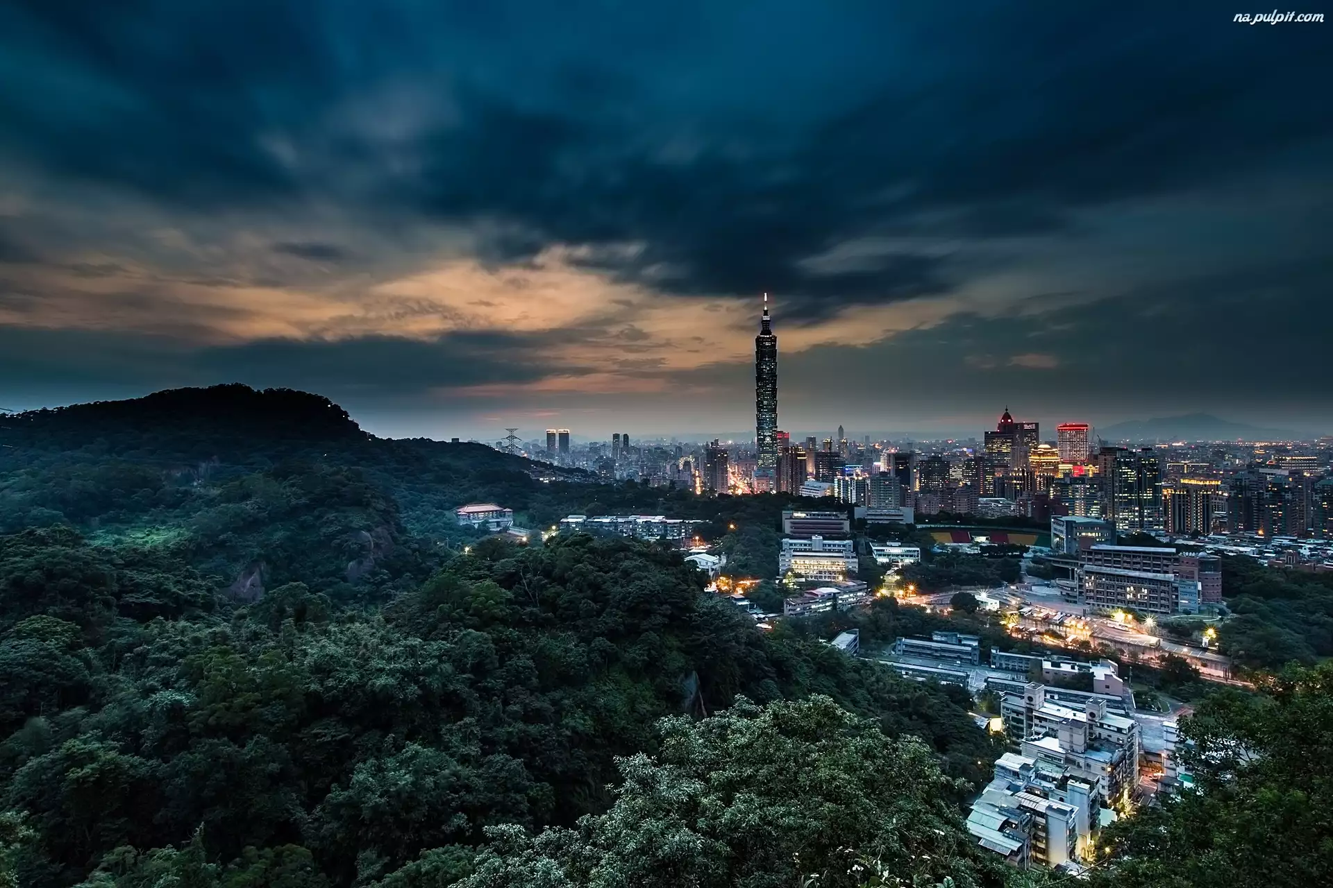 Tajpej, Noc, Chiny, Panorama, Tajwan, Miasto