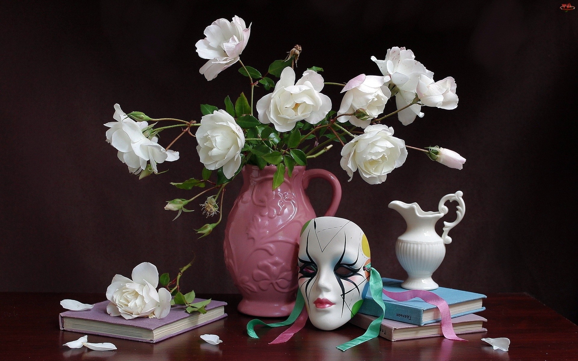 Róż, Książki, Bukiet, Kompozycja, Białych, Maska