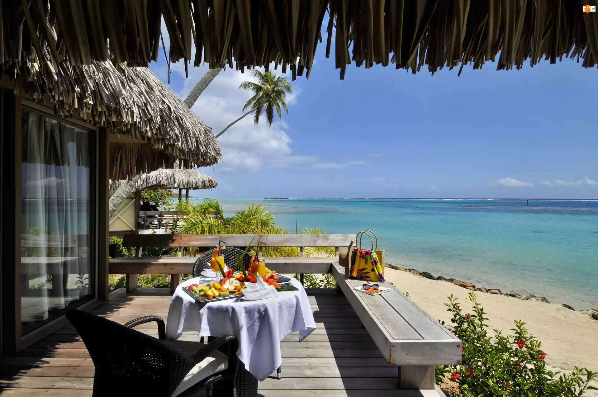 Śniadanie, Ocean, Hotelowy, Tahiti, Taras, Plaża