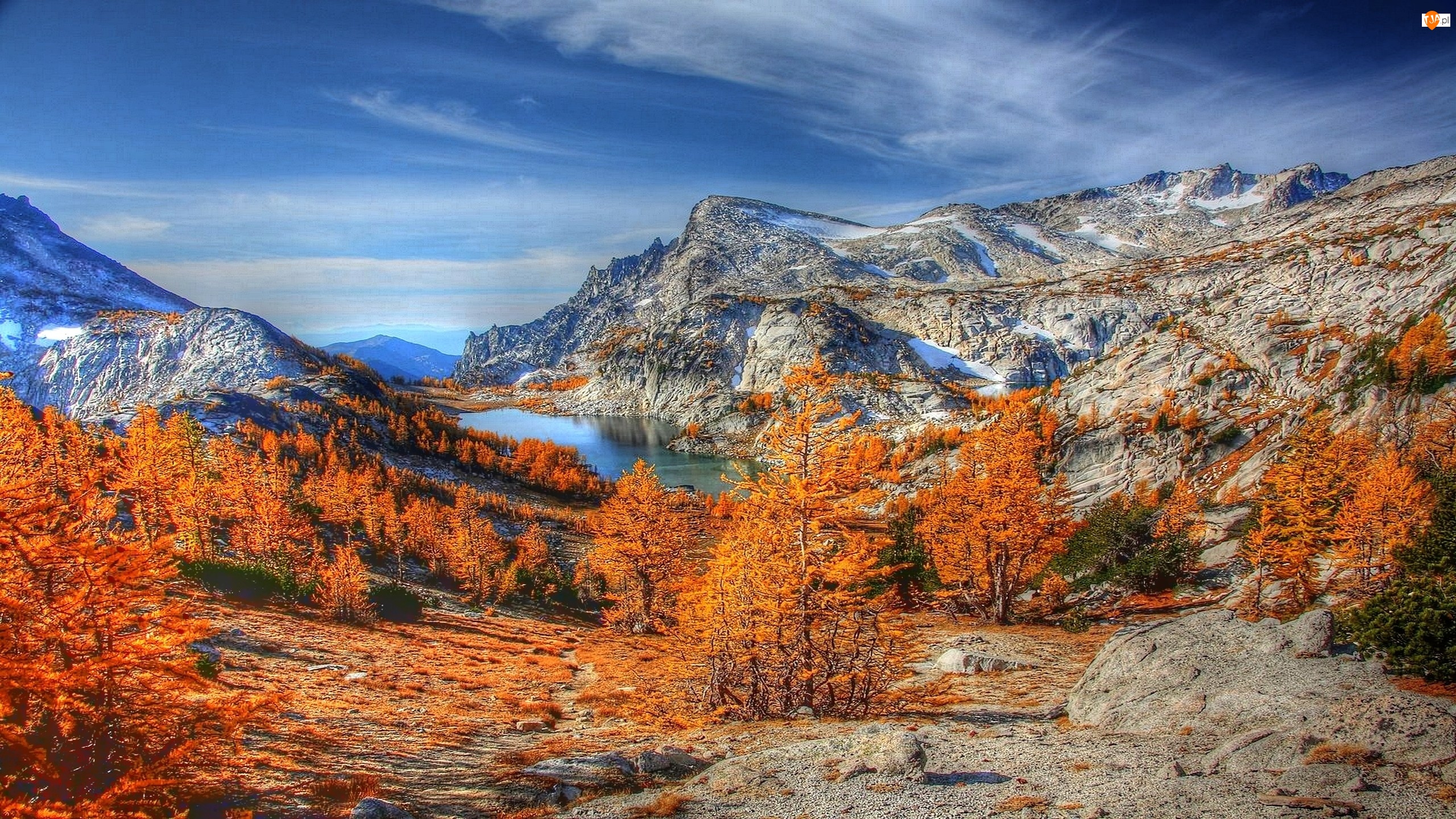 Jesień, Góry, Jezioro, Drzewa