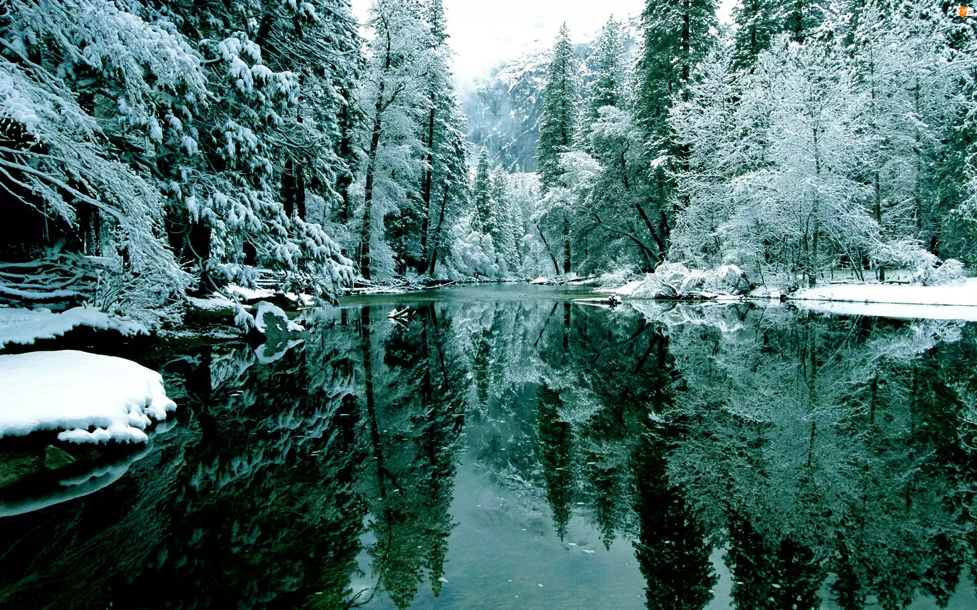 Odbicie, Jezioro, Drzewa, Śnieg