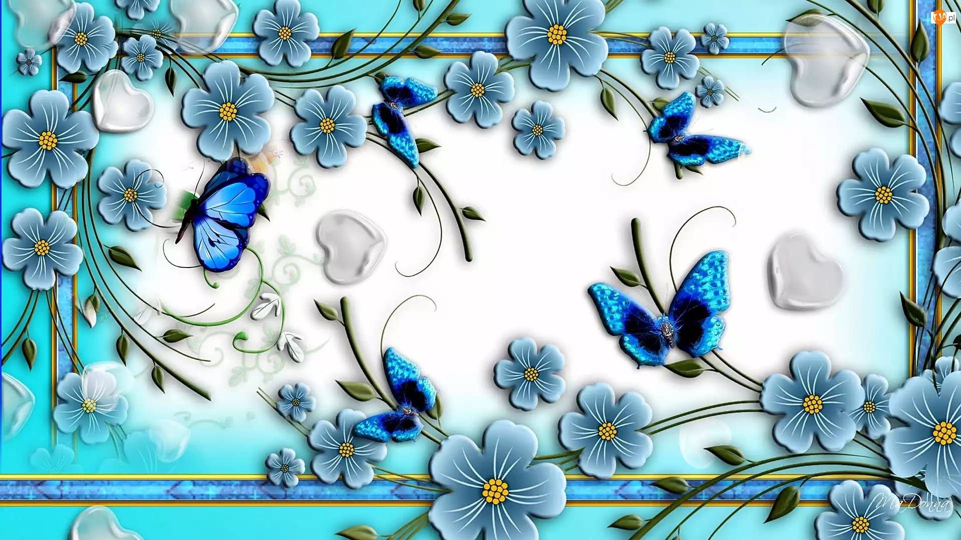 Kwiaty, Abstrakcja, Motyle, Błękitna