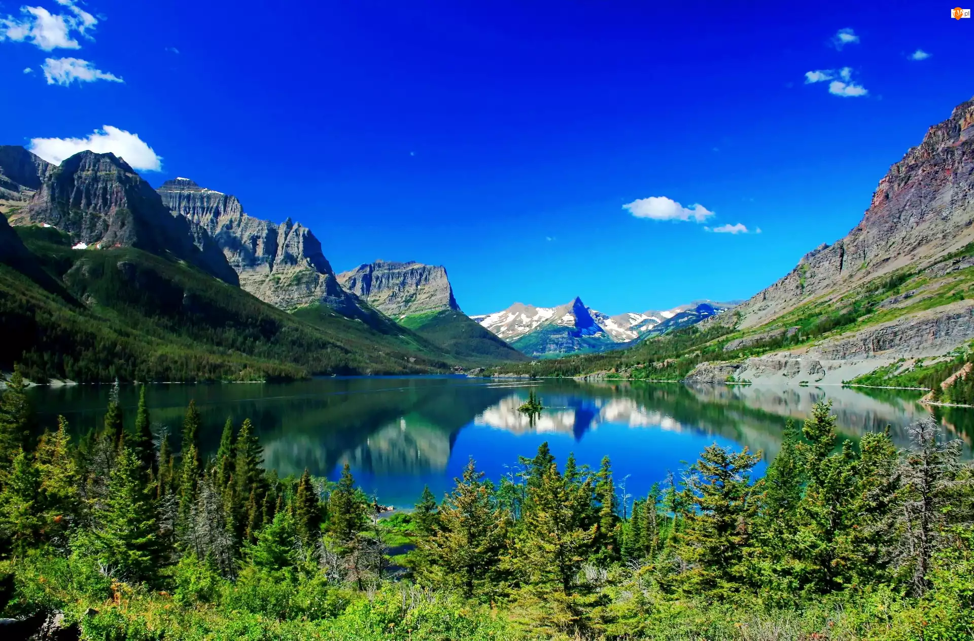 Jezioro, Montana, Drzewa, Góry, Saint Mary