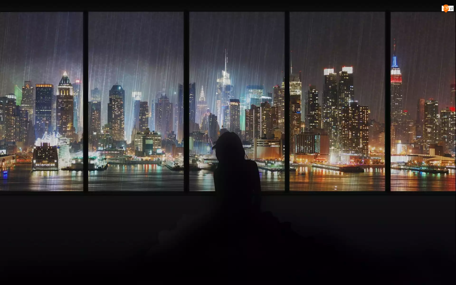 Manhattan, Deszcz, Wieżowce, Okna