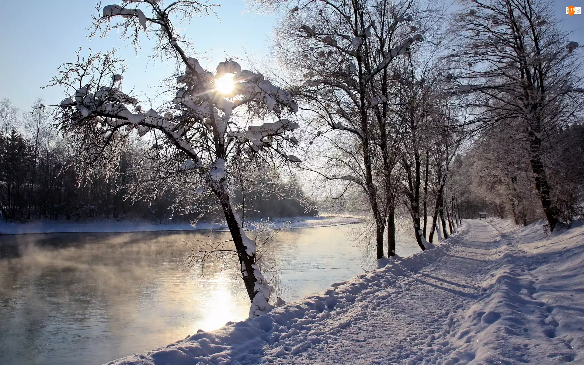 Rzeka, Zima, Drzewa, Śnieg