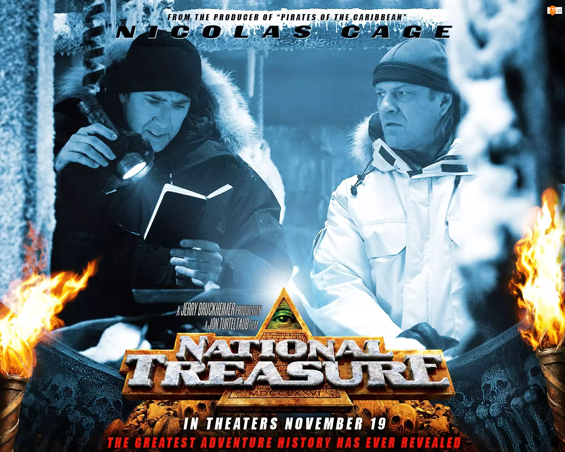 zima, National Treasure 1, Sean Bean, Nicolas Cage, latarka