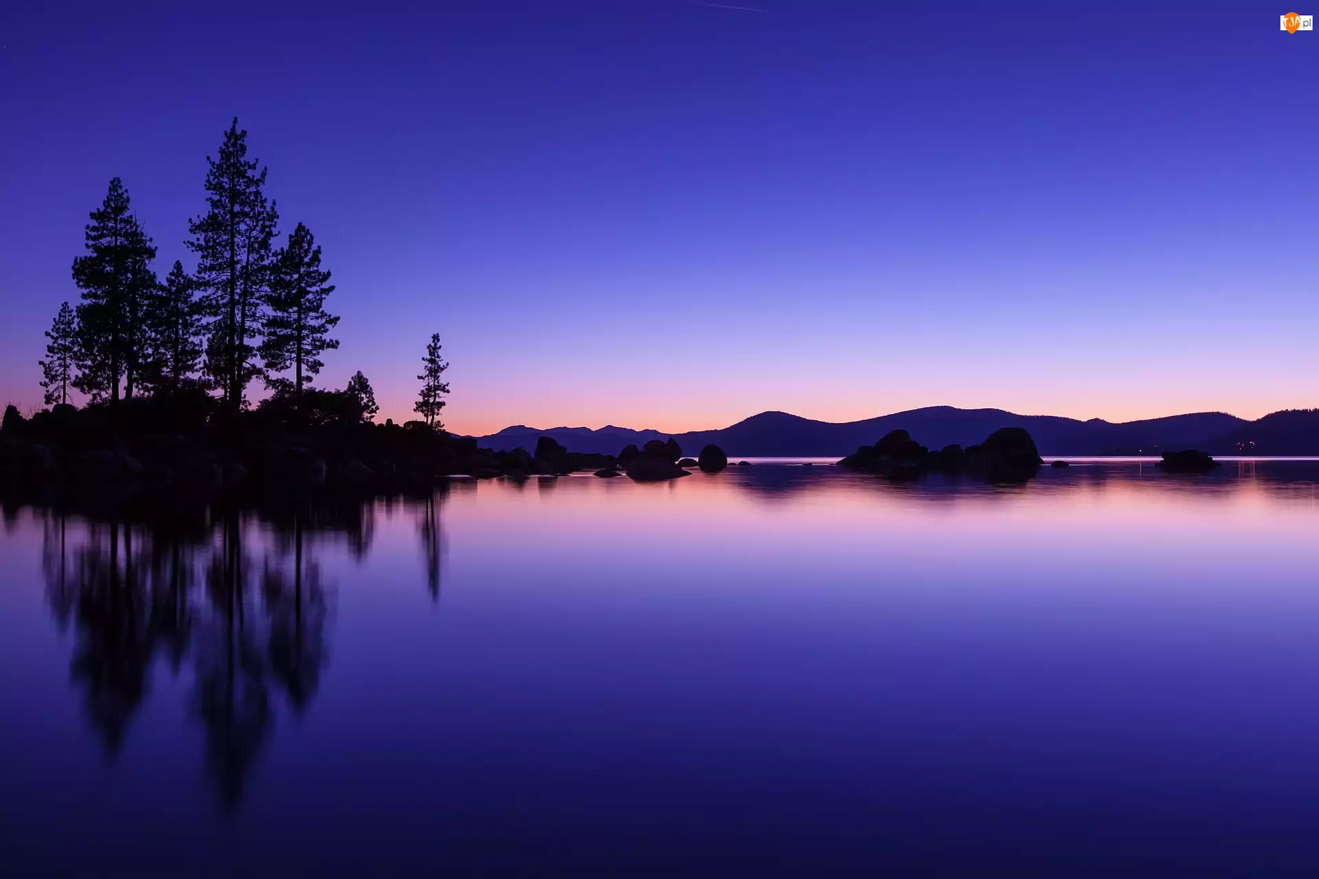 Góry, Tahoe, Jezioro, Kalifornia, Drzewa, Noc