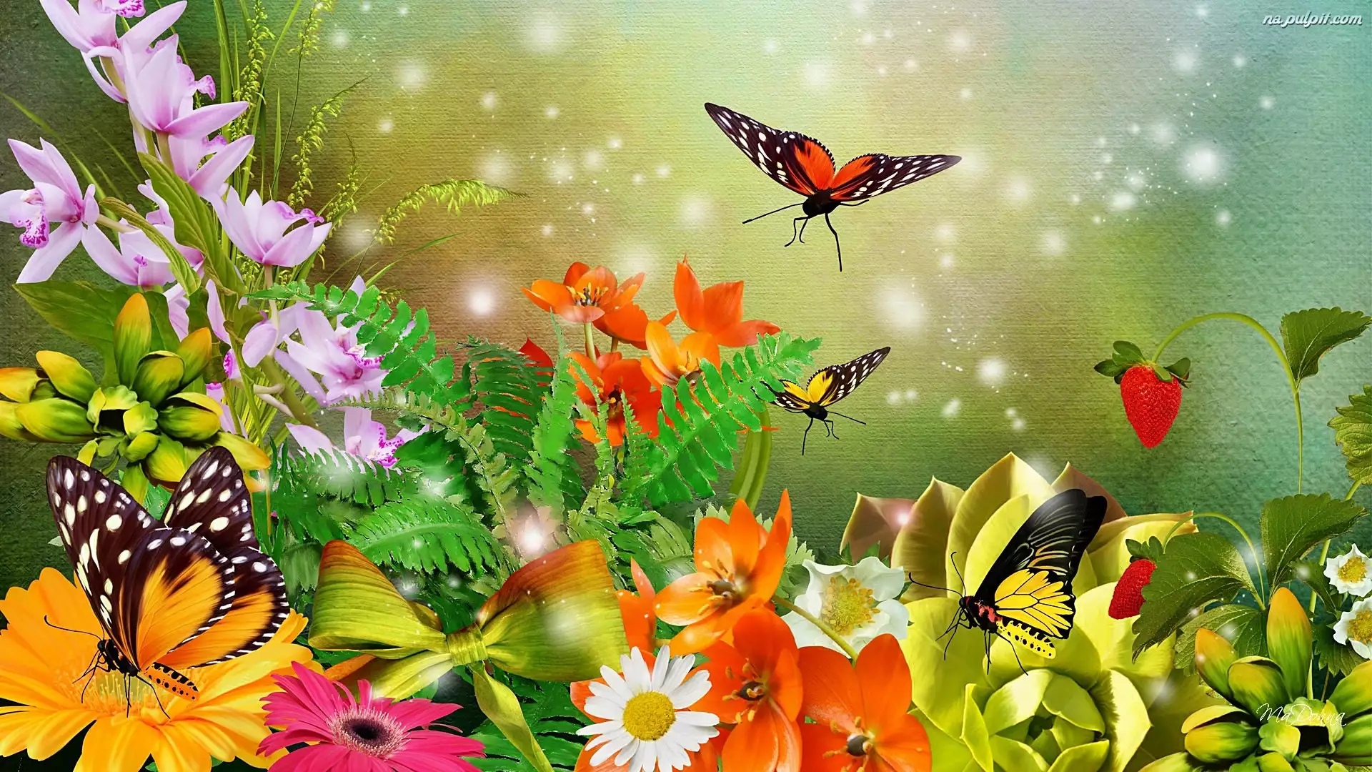 Art, Kolorowe, Kwiaty, Motyle
