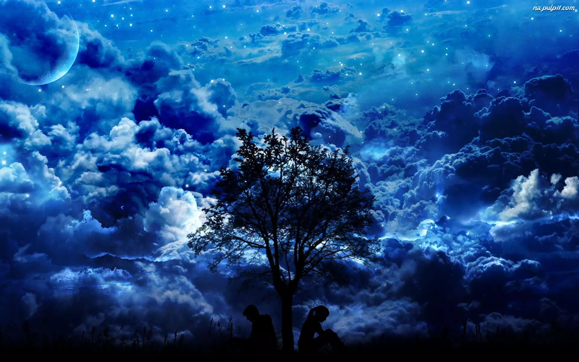 Noc, Chmury, Drzewo, Ludzie
