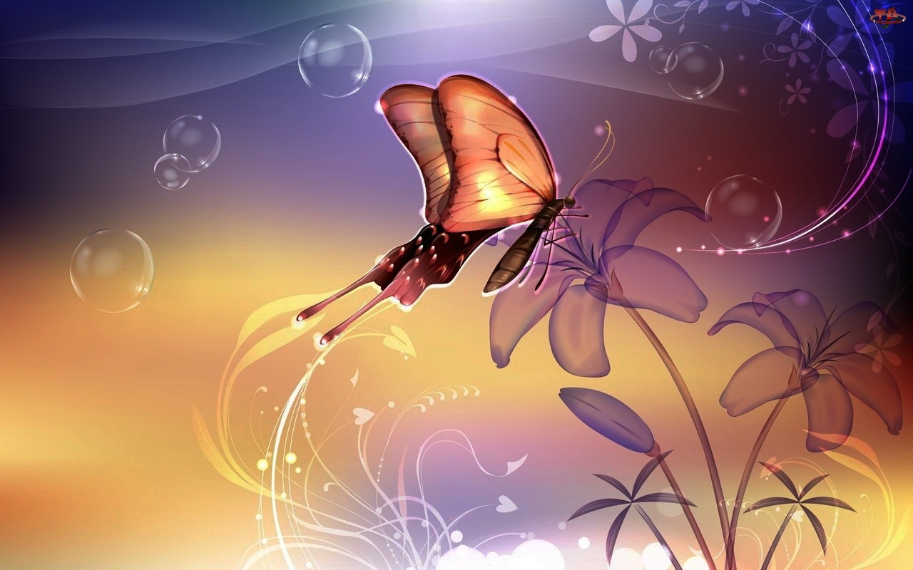Grafika, Kwiatki, Motyl