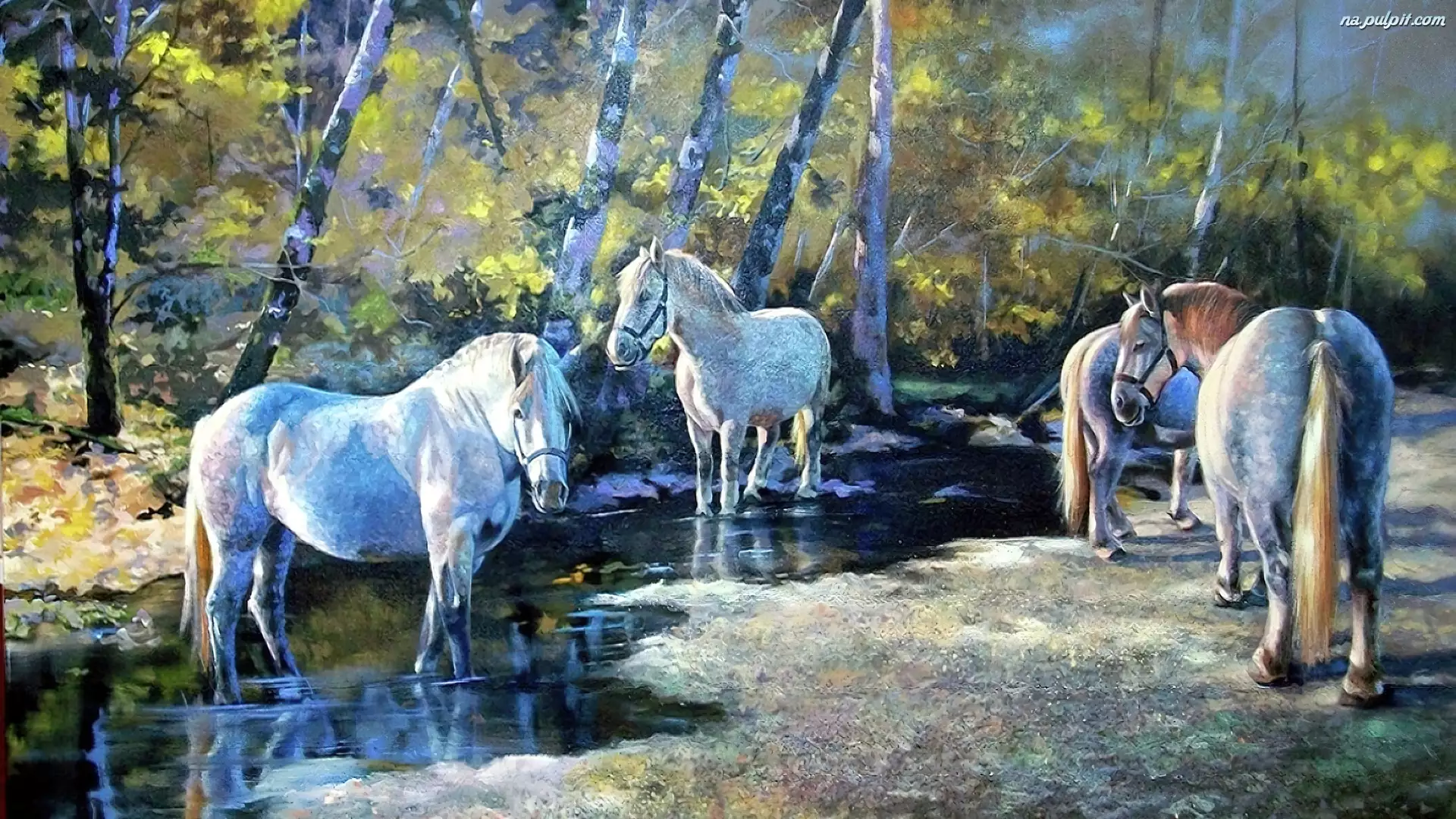 Konie, Obraz, Rzeka, Las