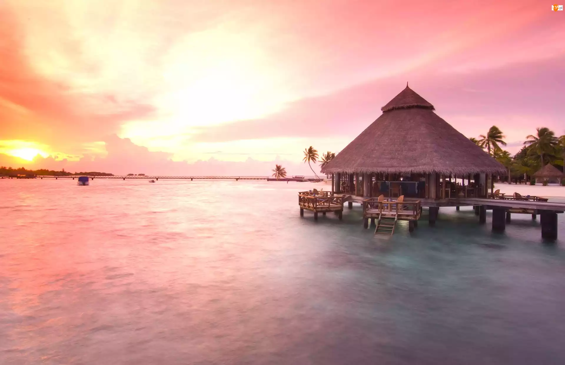Domek, Malediwy, Morze, Zachód Słońca