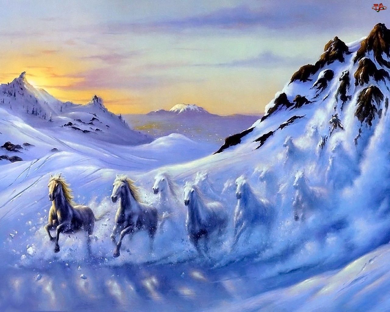 Góry, Konie, Śnieg, Zima, Pędzące