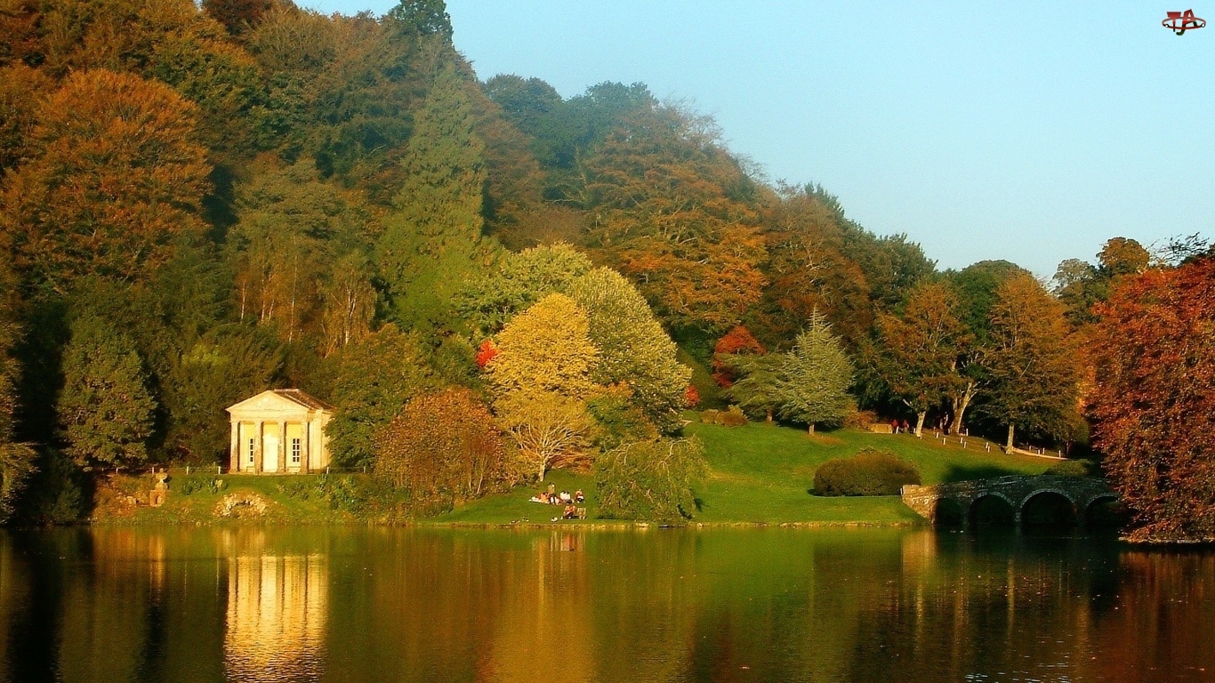 Drzewa, Jesień, Jezioro, Mostek