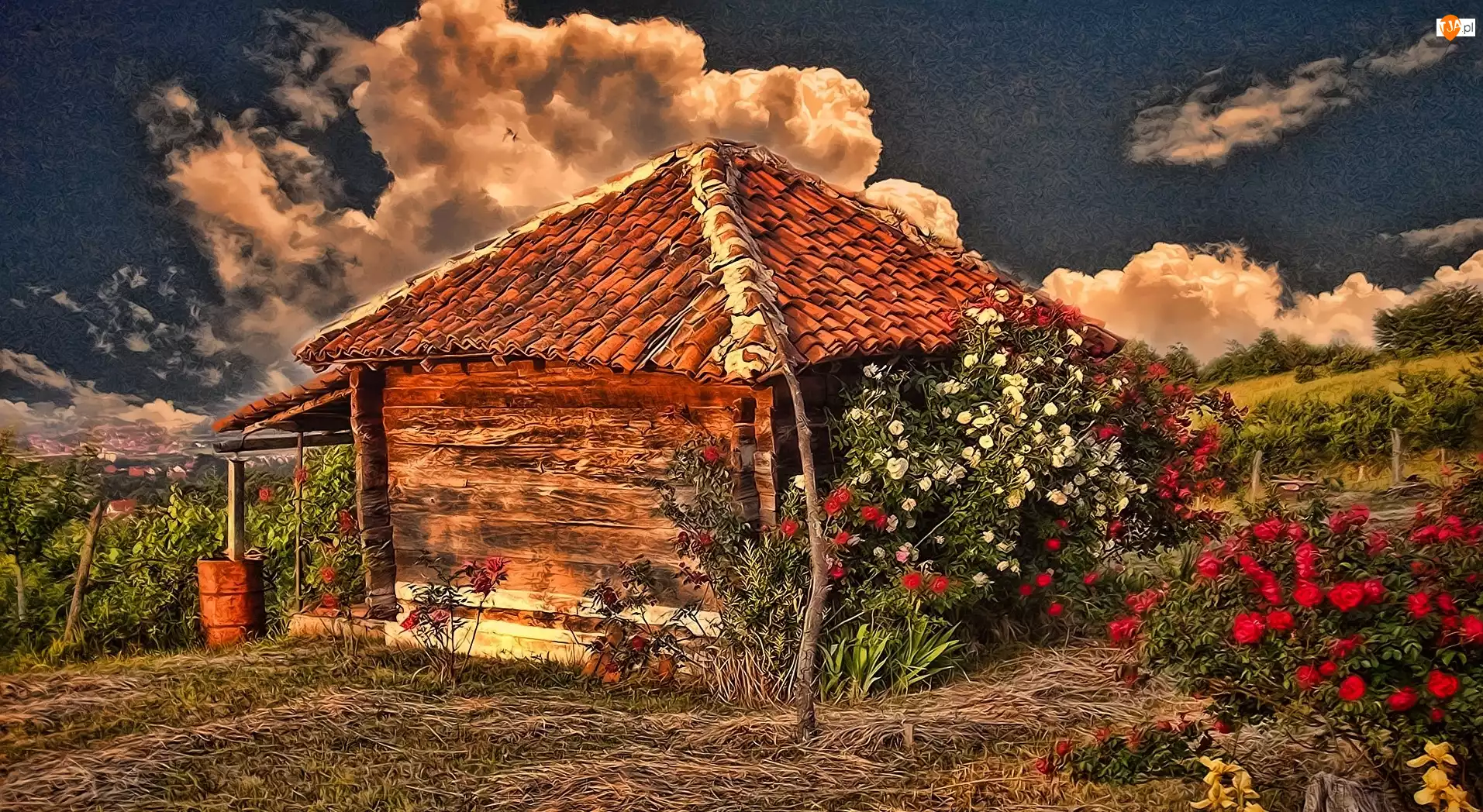 Domek, Chmury, Kwiaty