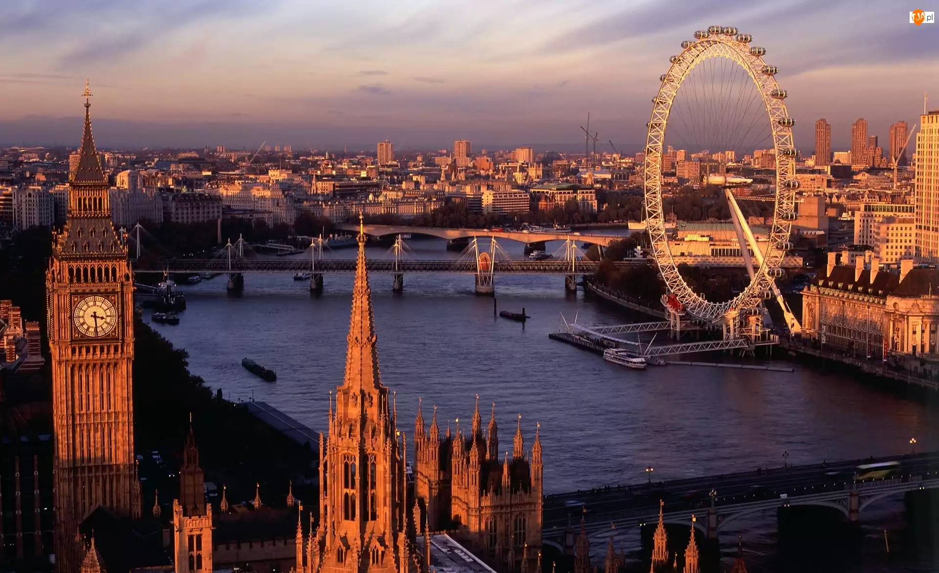 London Eye, Panorama, Londyn, Miasta, Big Ben