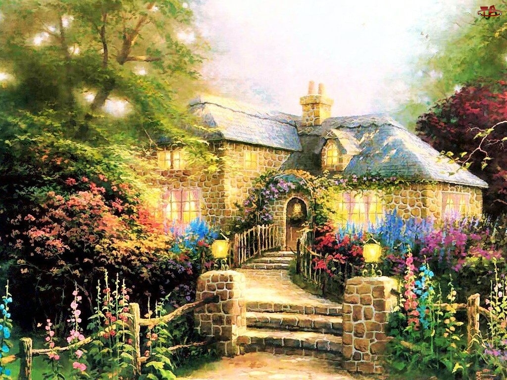 Dom, Płotek, Ogród, Kwiaty