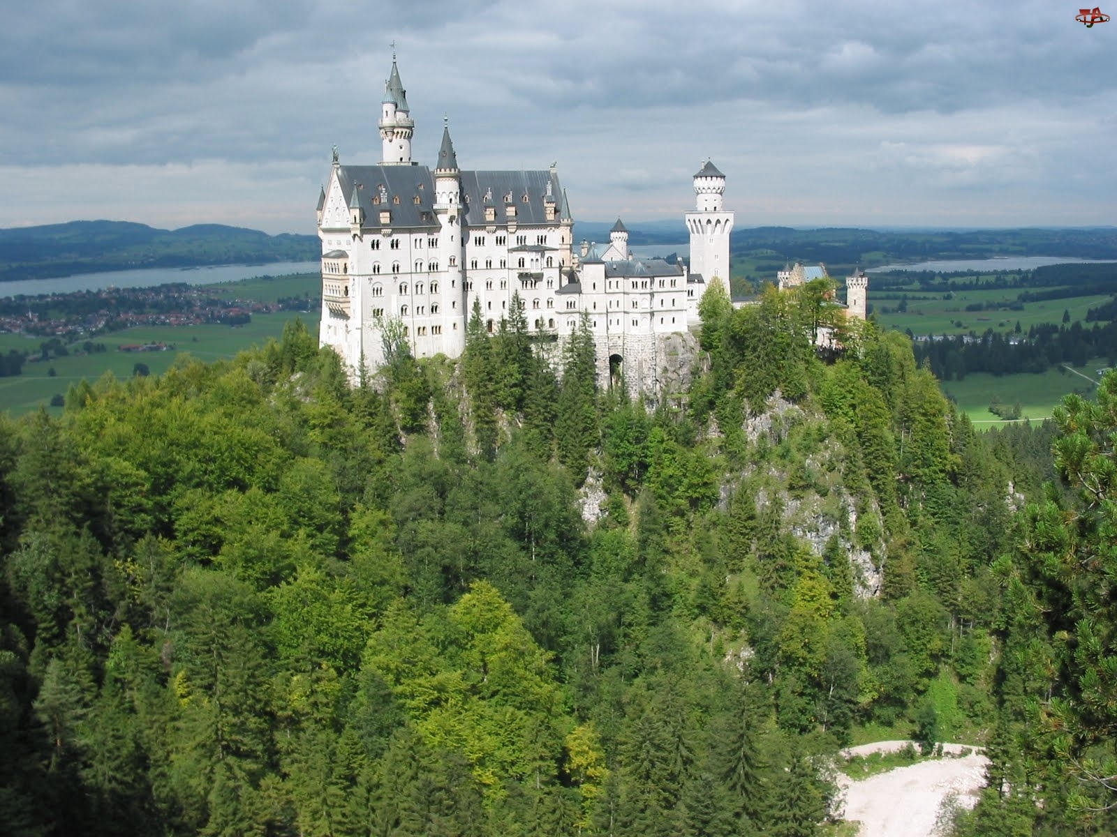 Zamek Neuschwanstein, Drzewa, Bawaria, Niemcy, Lasy