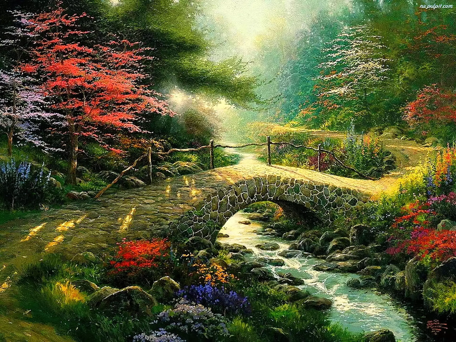 Obraz, Rzeczka, Kwiaty, Most, Drzewa