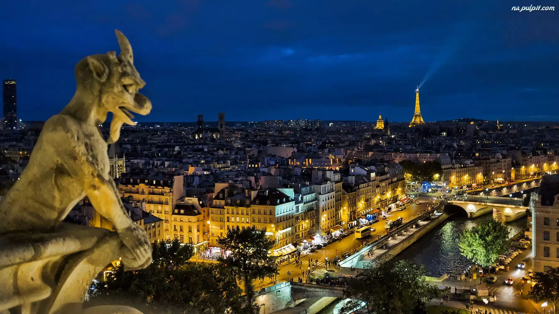 Posąg, Panorama, Paryż, Noc