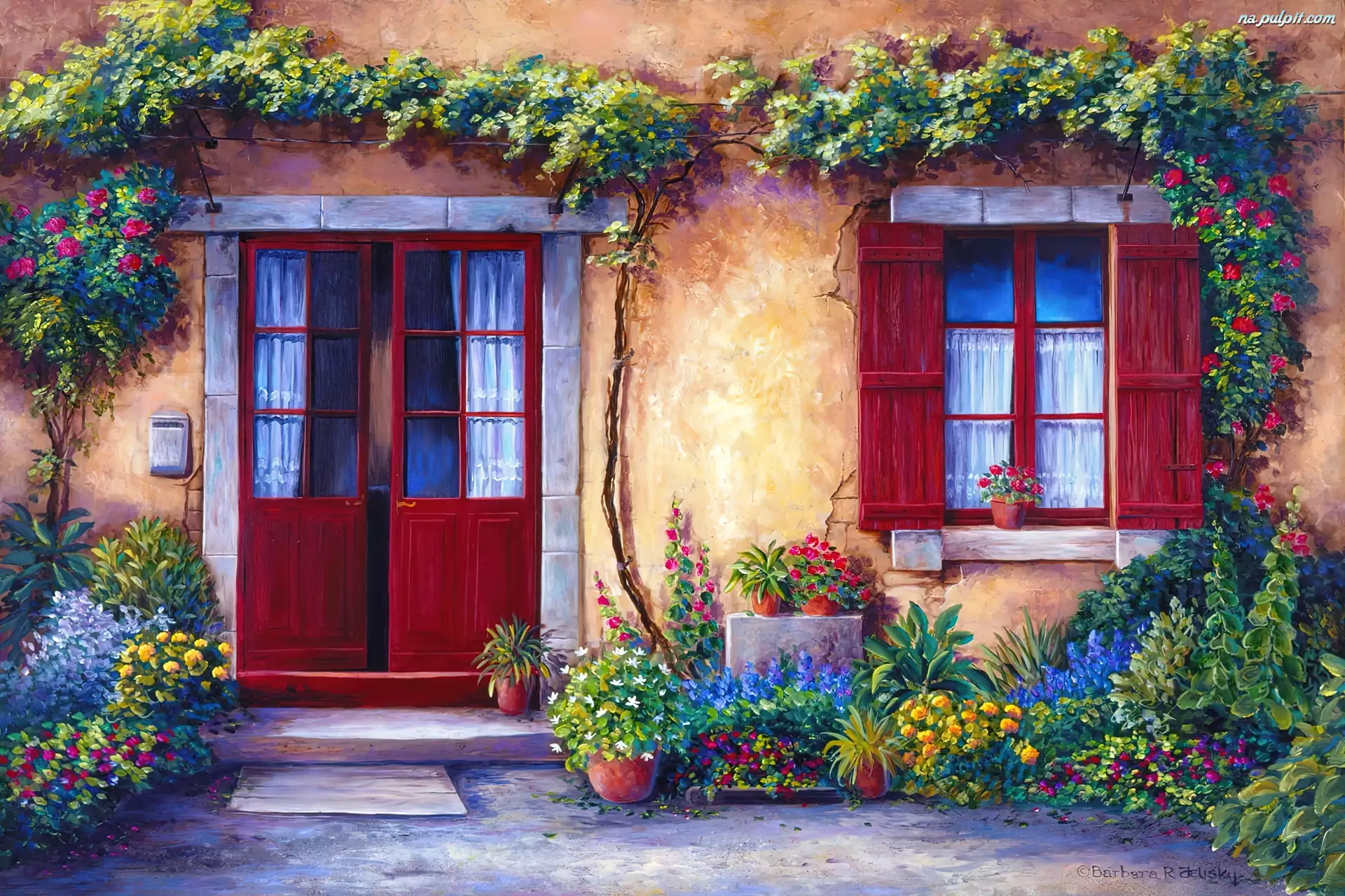 Dom, Kwiaty, Okno, Drzwi