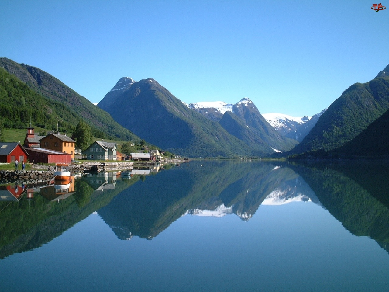 Norwegia, Jezioro, Domy, Góry, Odbicie