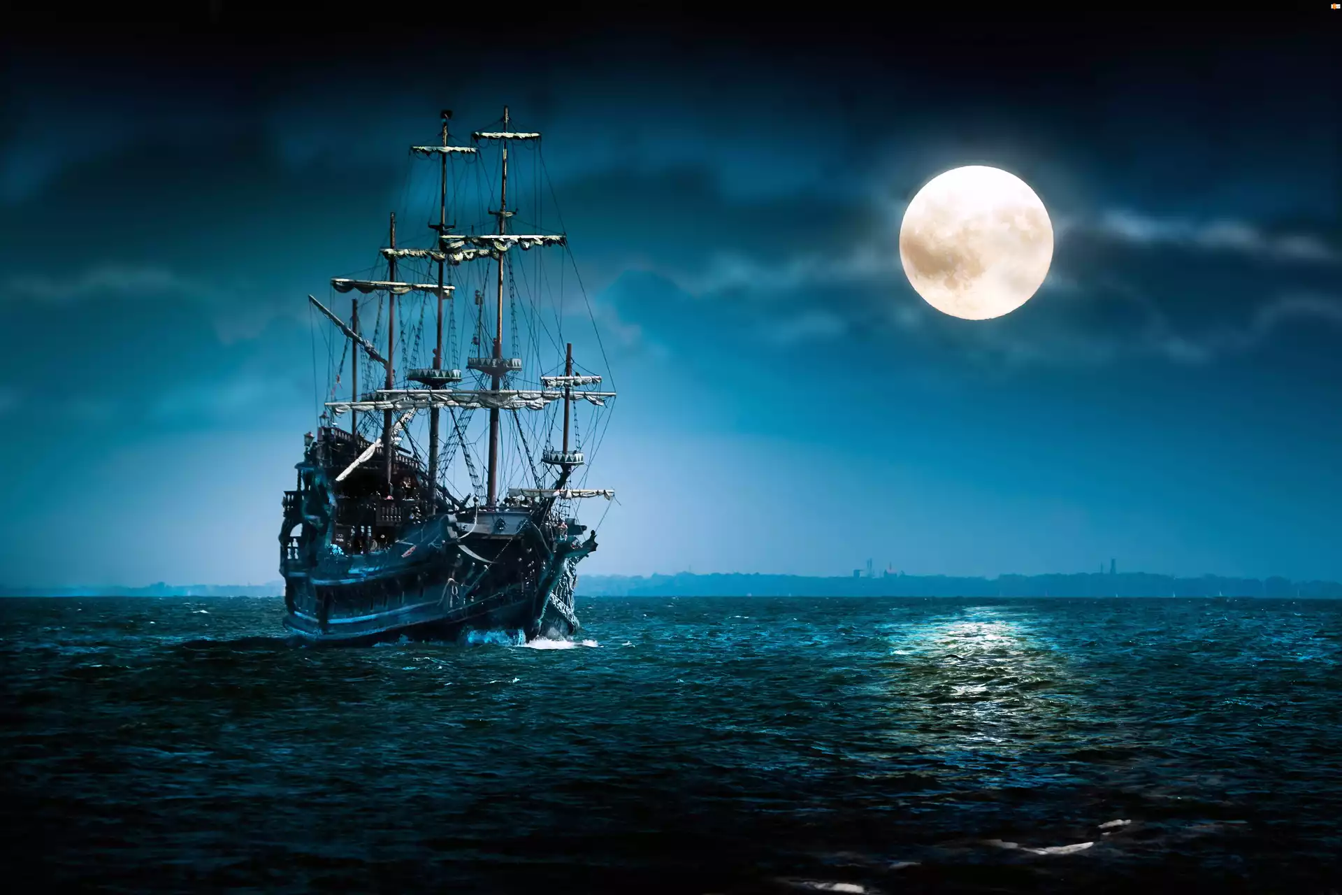 Księżyc, Statek, Morze