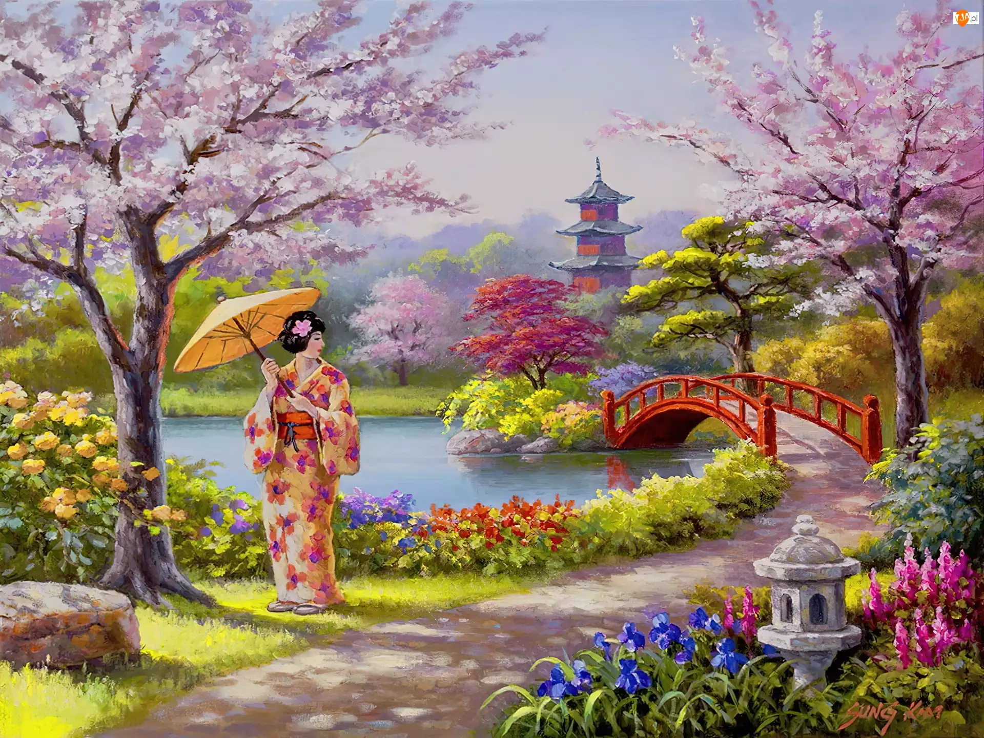 Japonka, Ogród, Rzeka, Kwiaty, Kobieta, Most