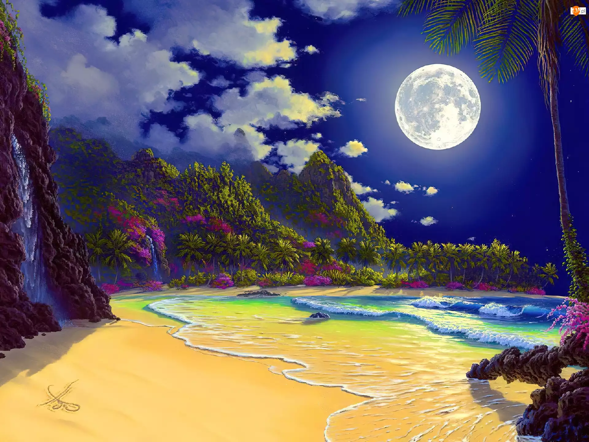 Plaża, Księżyc, Morze, Góry, Noc