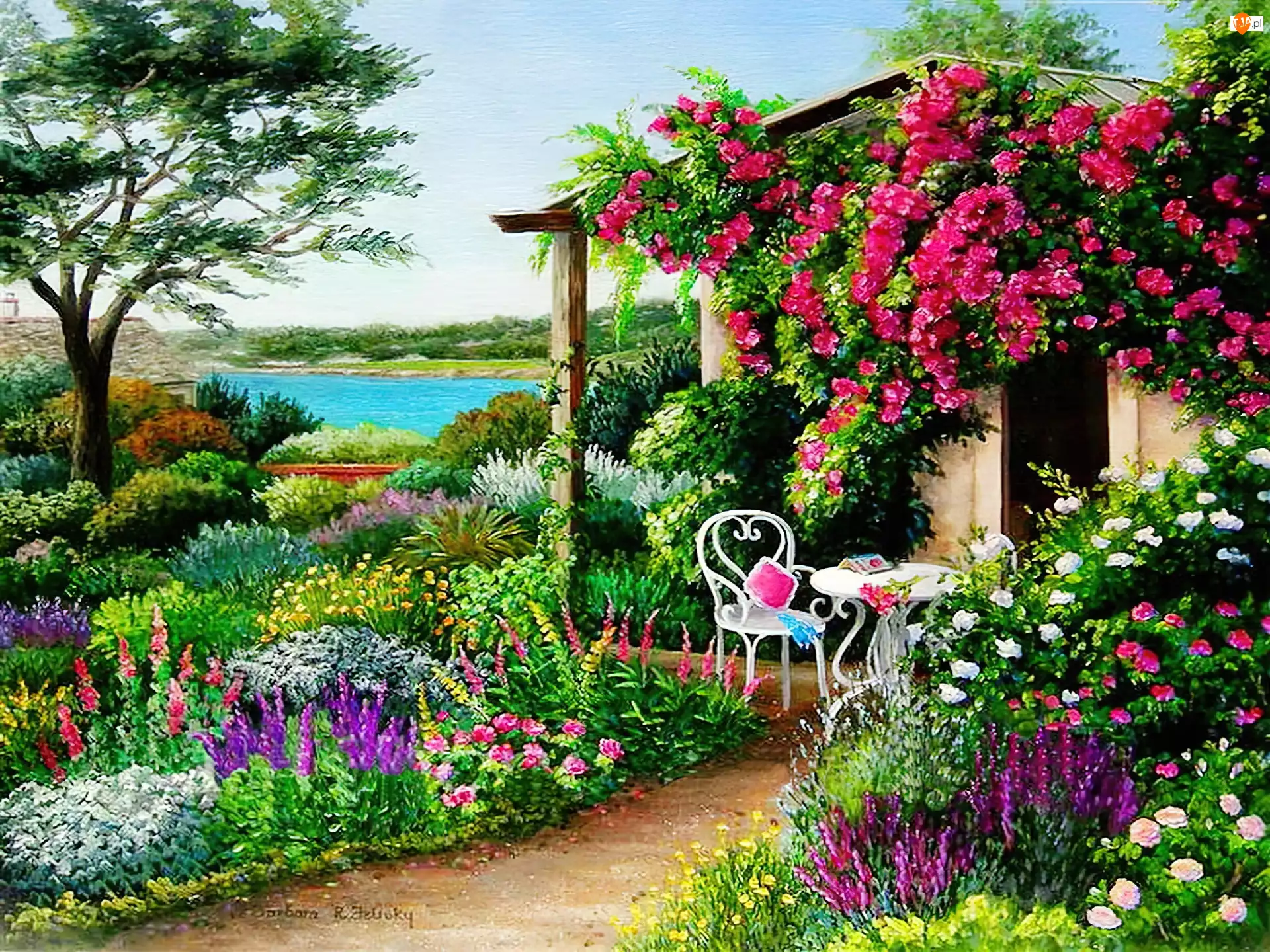 Krzesło, Ogród, Kwiaty, Altanka, Stolik