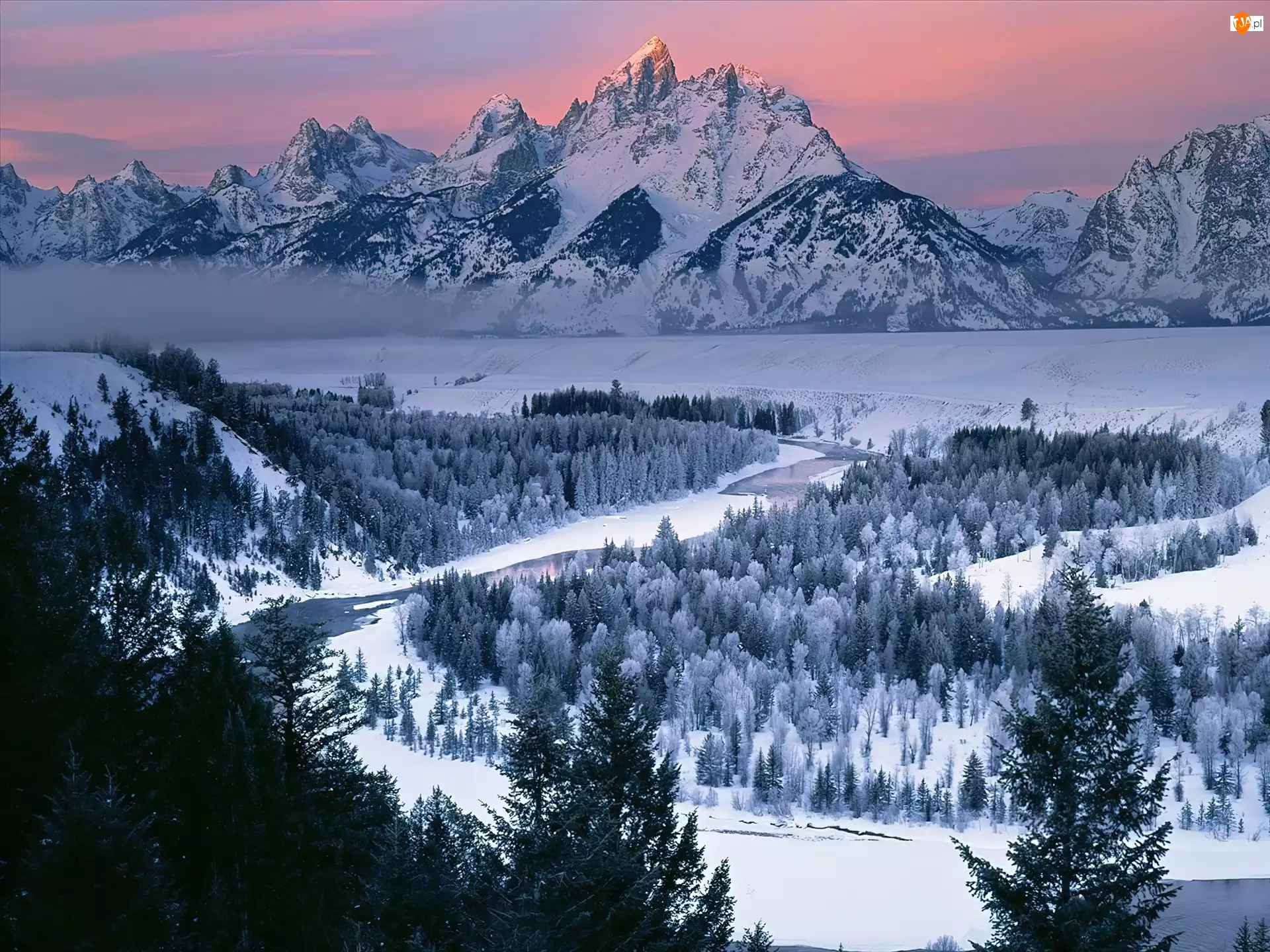 Góry, Wyoming, Drzewa, Śnieg