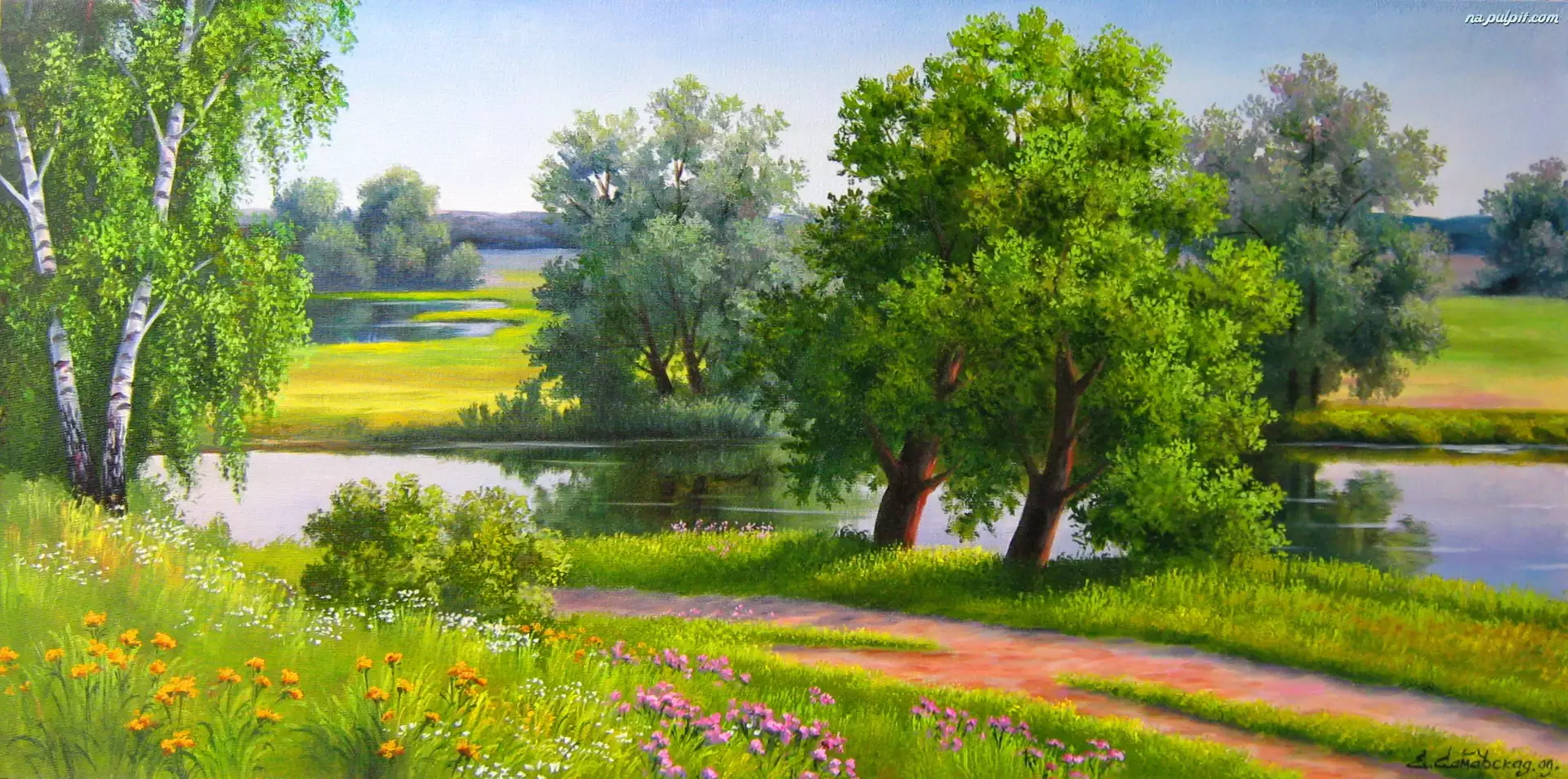 Kwiaty, Droga, Rzeka, Drzewa, Polne