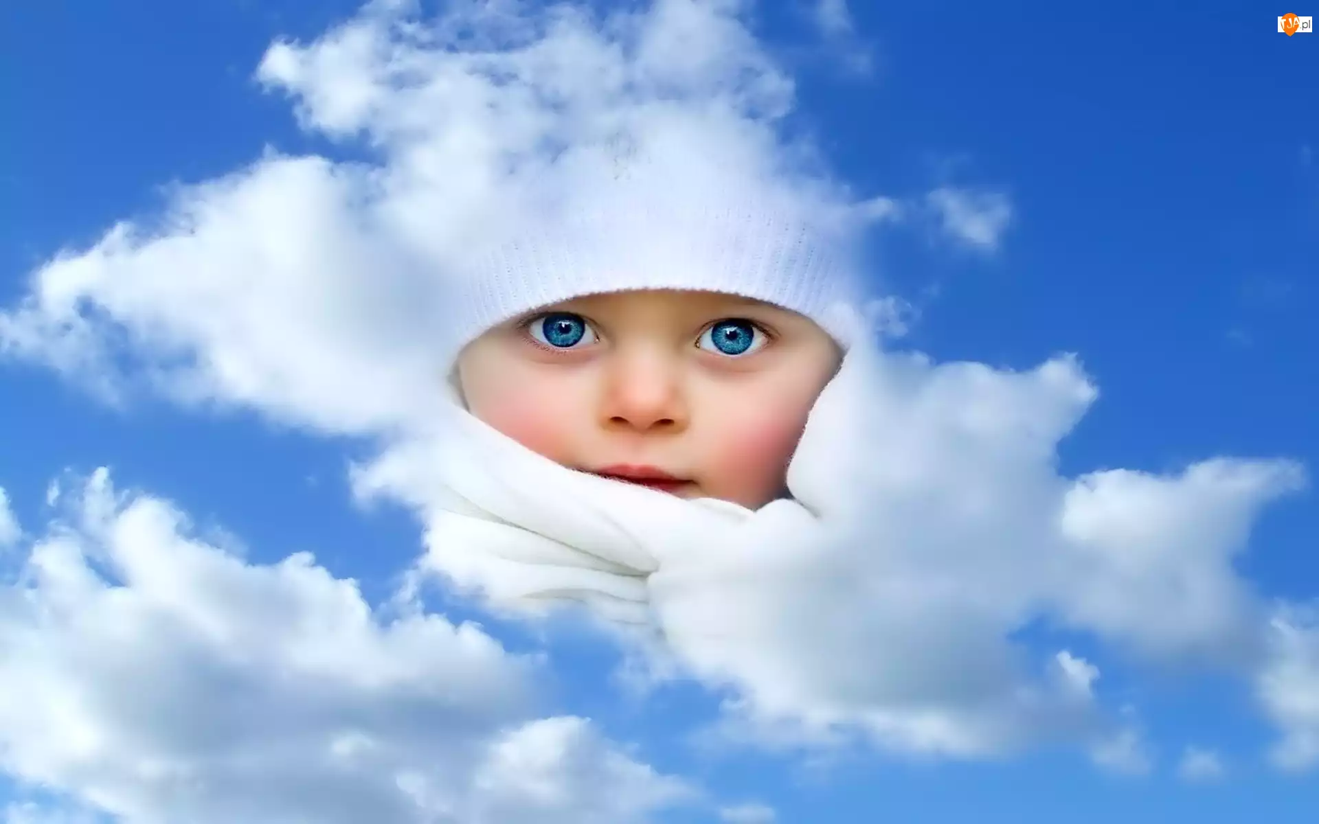 Niebieskie, Niebo, Dziecko, Chmury, Twarz, Oczy